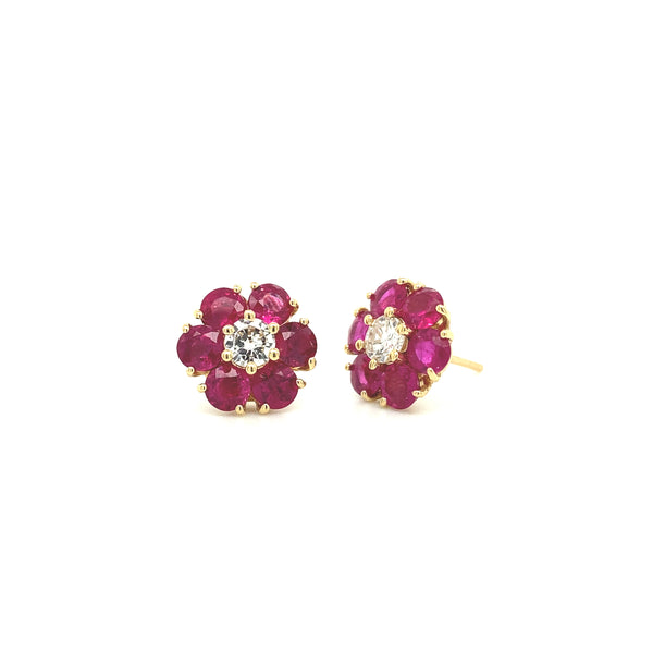 Ruby Flower Stud Earrings Yellow Gold E007N