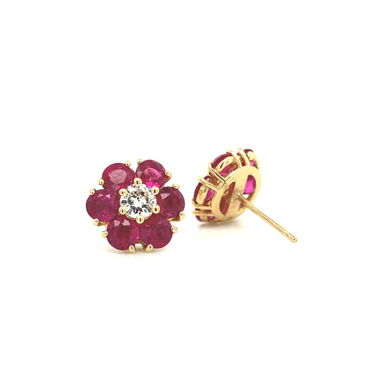 Ruby Flower Stud Earrings Yellow Gold E007N