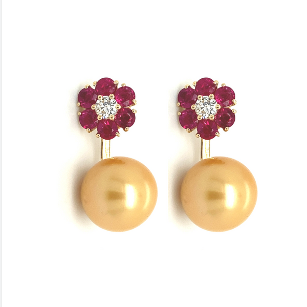 Ruby Flower Earrings with Pearl Backing Gold E007